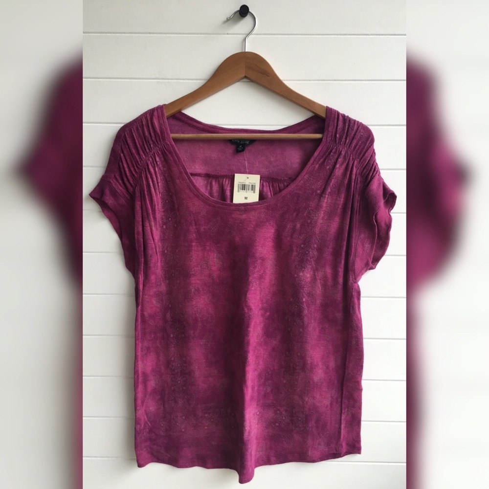 Lucky Brand NEW Short Sleeve Scoop Neck Ruched Tee Block Printed Gathered
